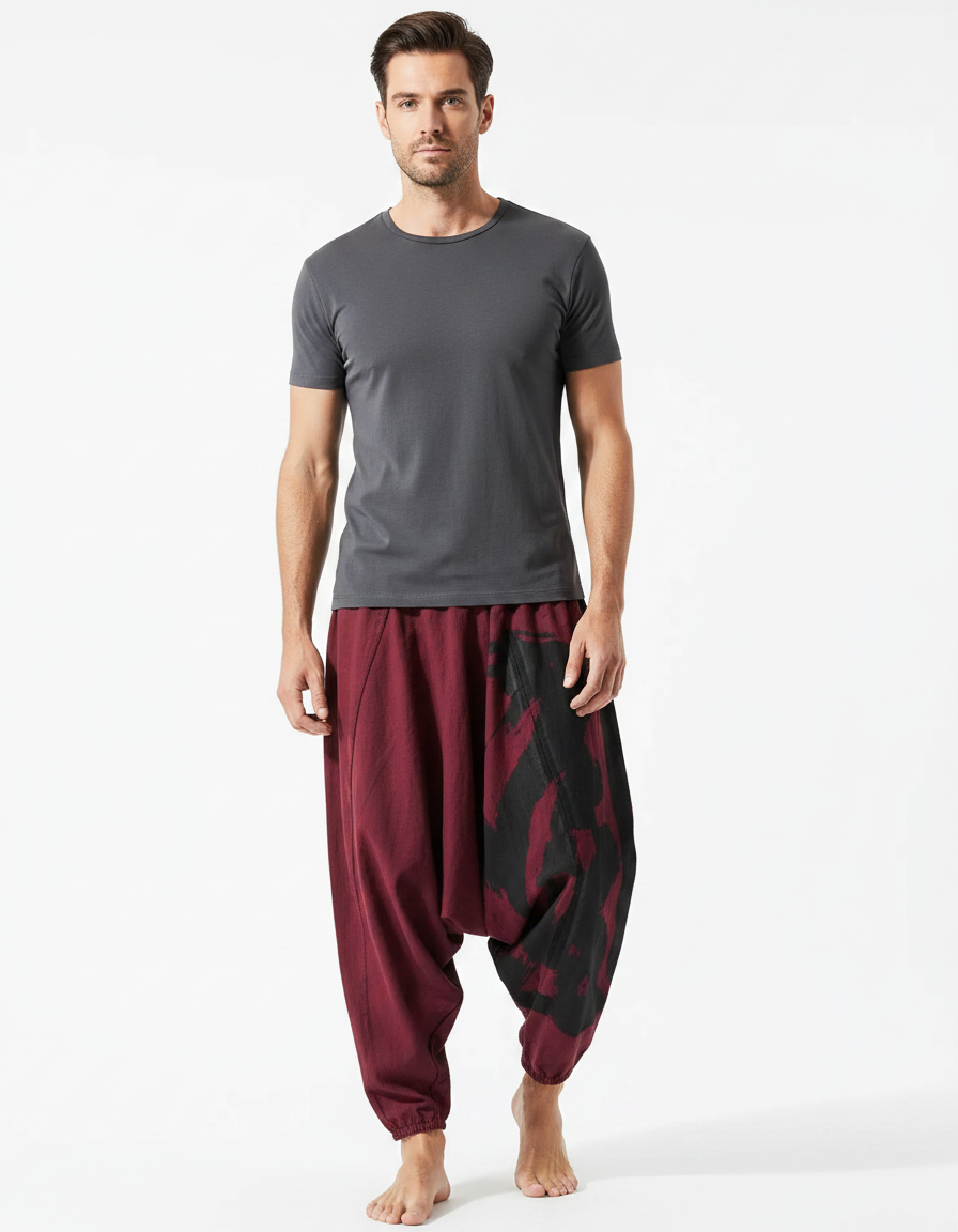 Pantalon Japonais Sarouel Ample Rouge Imprimé Ethnique - Bordeaux Coton