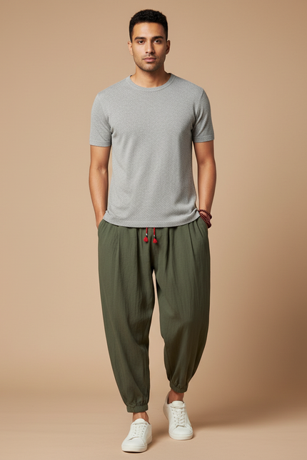 Pantalon Japonais Vert Ample Coton Lin Décontracté Homme - Kaki