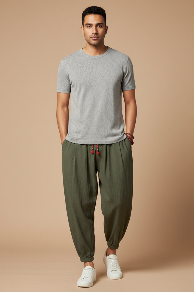 Pantalon Japonais Vert Ample Coton Lin Décontracté Homme - Kaki