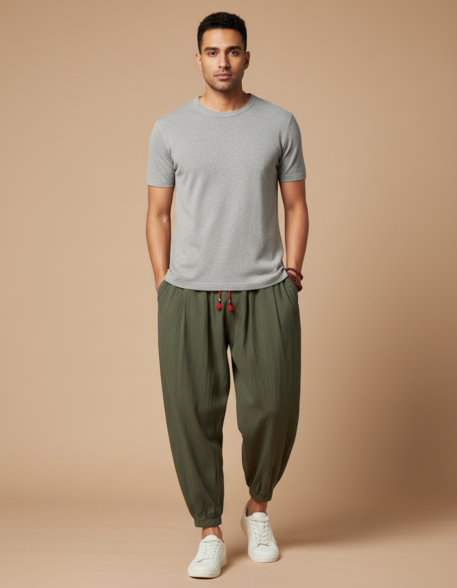 Pantalon Japonais Vert Ample Coton Lin Décontracté Homme - Kaki