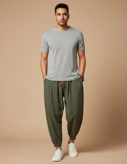 Pantalon Japonais Vert Ample Coton Lin Décontracté Homme - Kaki