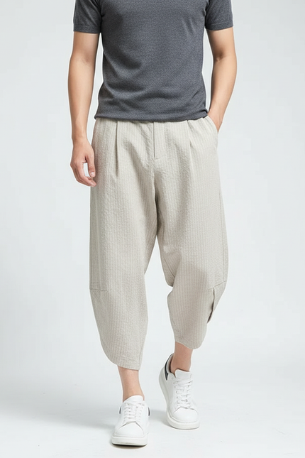 Pantalon Japonais Beige Ample Lin Coton Casual