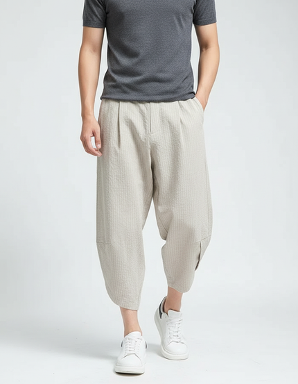 Pantalon Japonais Beige Ample Lin Coton Casual