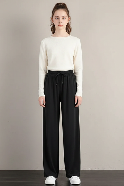 Pantalon Japonais Noir Fluide Ample Décontracté Confortable Cordon - Viscose