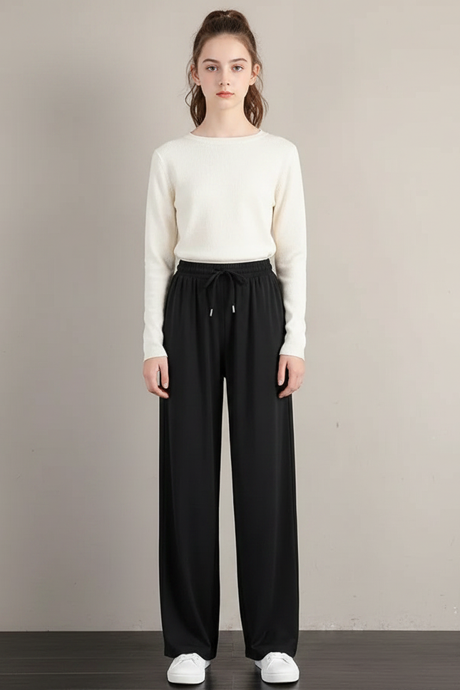 Pantalon Japonais Noir Fluide Ample Décontracté Confortable Cordon - Viscose