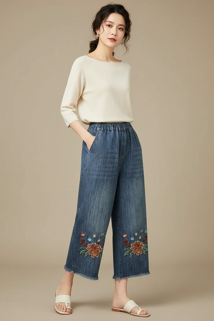 Pantalon Japonais Denim Ample Fleuri Brodé Femme - Bleu Jean