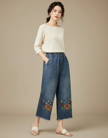 Pantalon Japonais Denim Ample Fleuri Brodé Femme - Bleu Jean