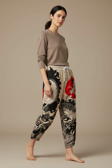 Pantalon Japonais Dragon Soleil Ample Fluide Imprimé - Viscose