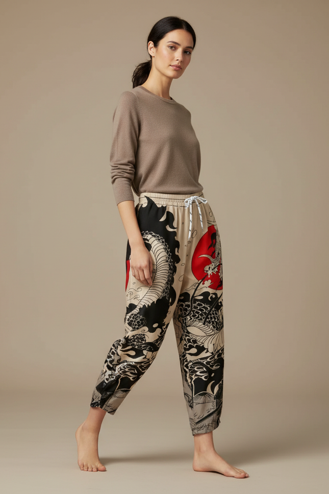 Pantalon Japonais Dragon Soleil Ample Fluide Imprimé - Viscose