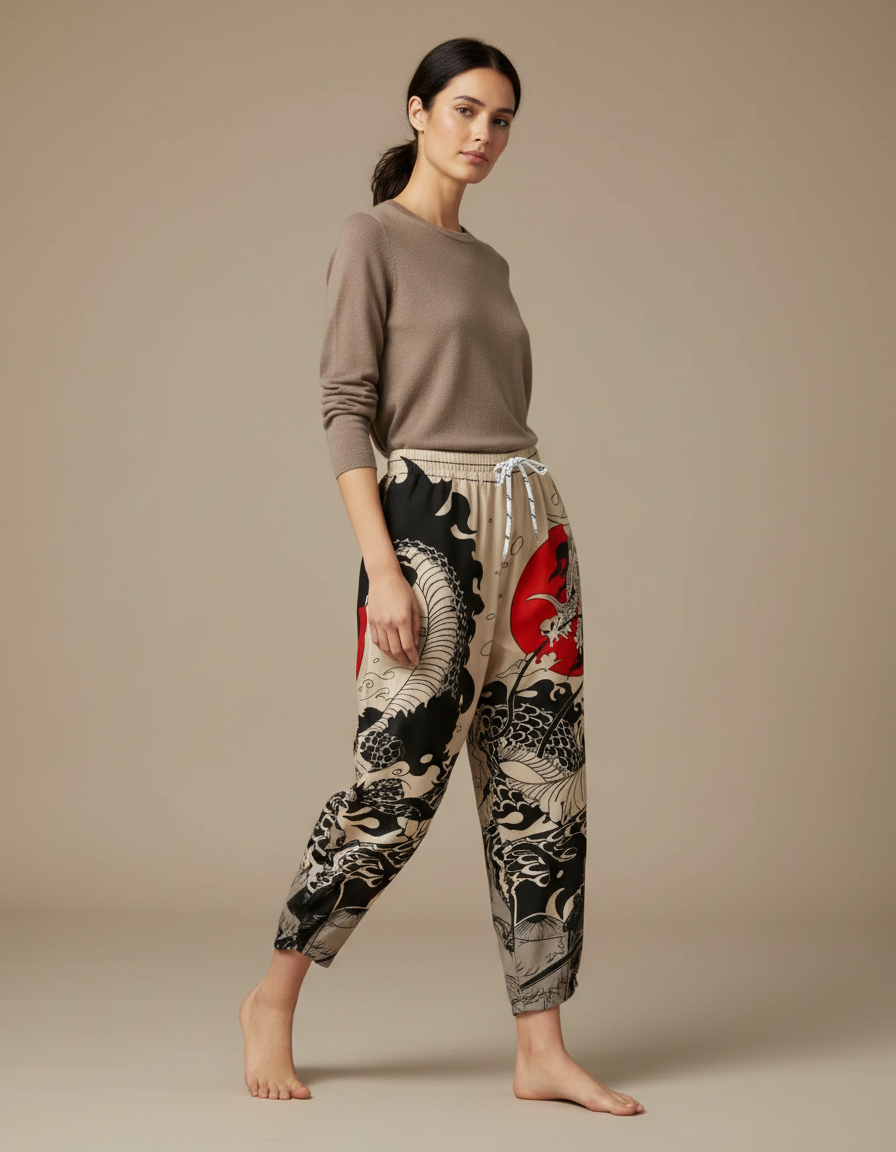Pantalon Japonais Dragon Soleil Ample Fluide Imprimé - Viscose