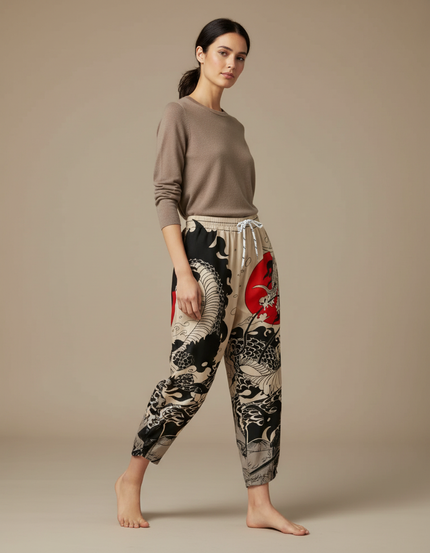 Pantalon Japonais Dragon Soleil Ample Fluide Imprimé - Viscose