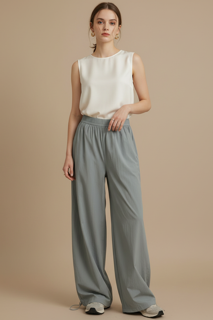 Pantalon Japonais Gris Fluide Ample Décontracté Léger - Polyester