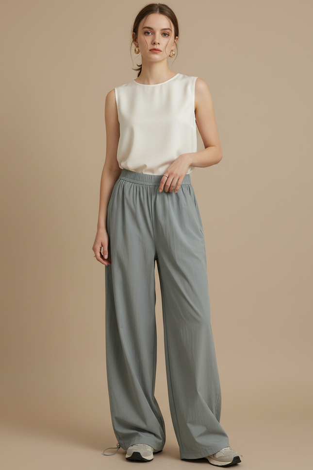 Pantalon Japonais Gris Fluide Ample Décontracté Léger - Polyester