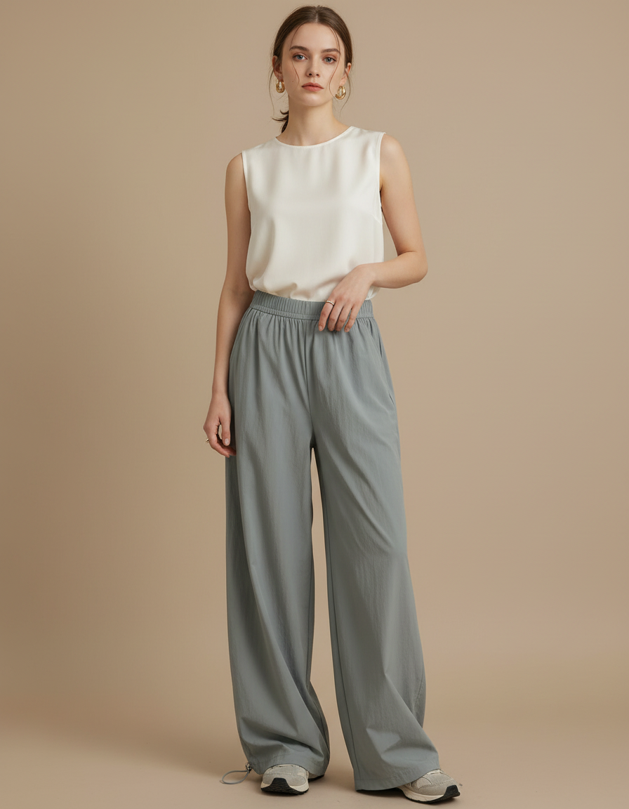 Pantalon Japonais Gris Fluide Ample Décontracté Léger - Polyester