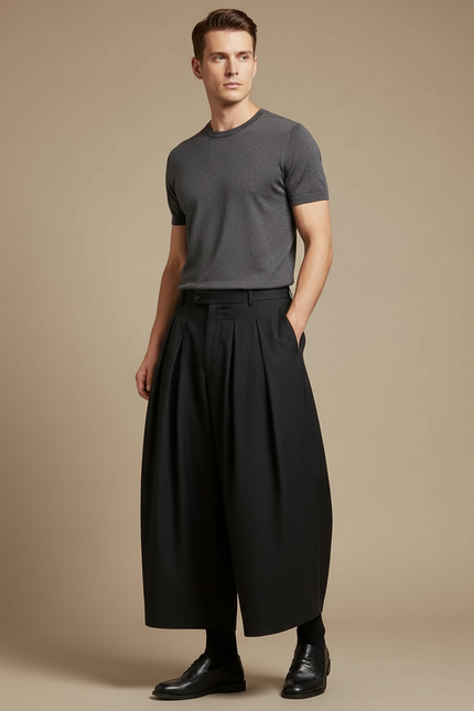 Pantalon Japonais Noir Plissé Ample Court Élégant - Polyester