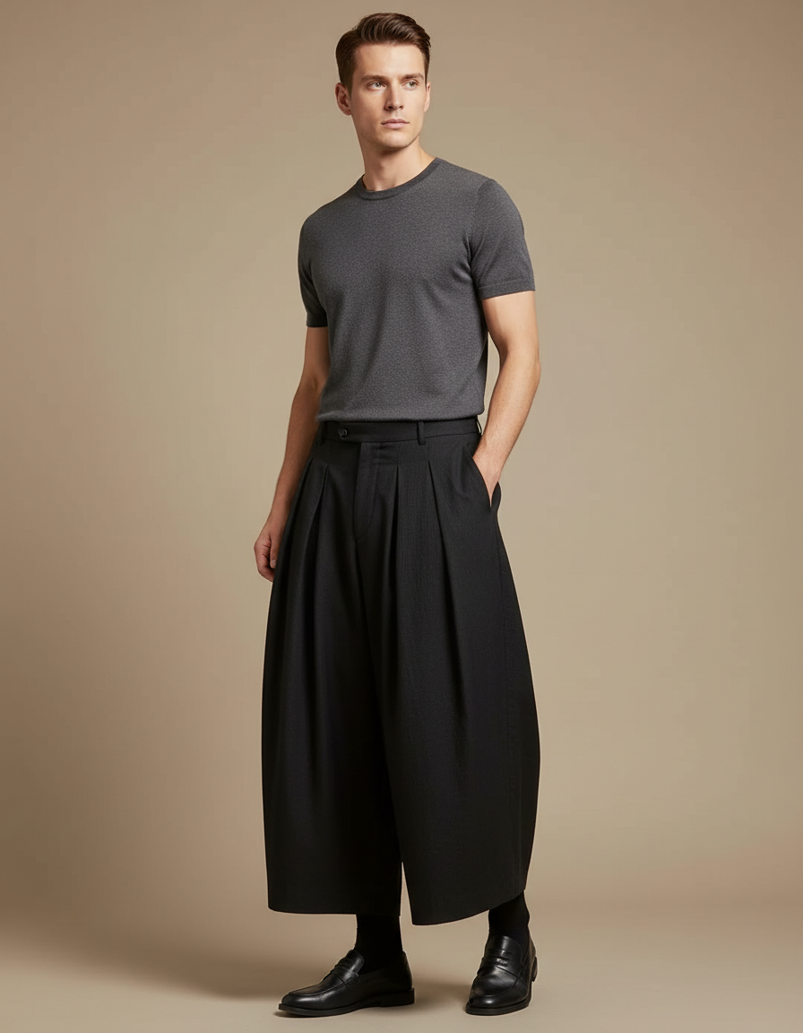 Pantalon Japonais Noir Plissé Ample Court Élégant - Polyester