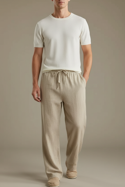 Pantalon Japonais Lin Coton Beige Ample Décontracté
