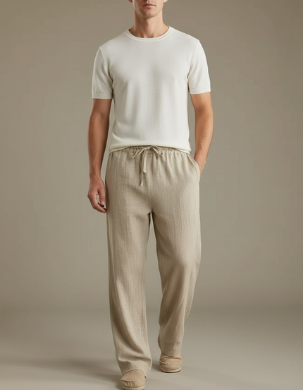 Pantalon Japonais Lin Coton Beige Ample Décontracté