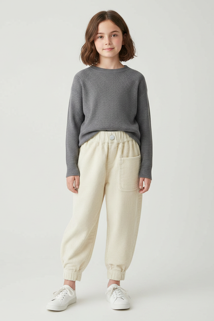 Pantalon Japonais Velours Côtelé Beige Ample Confortable Enfant - Cordé