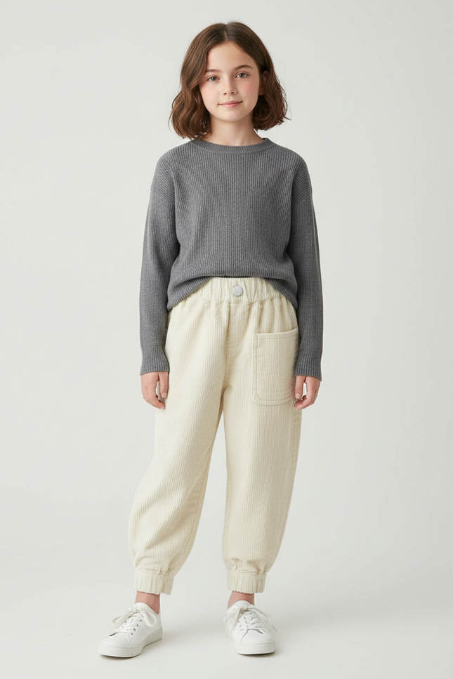 Pantalon Japonais Velours Côtelé Beige Ample Confortable Enfant - Cordé