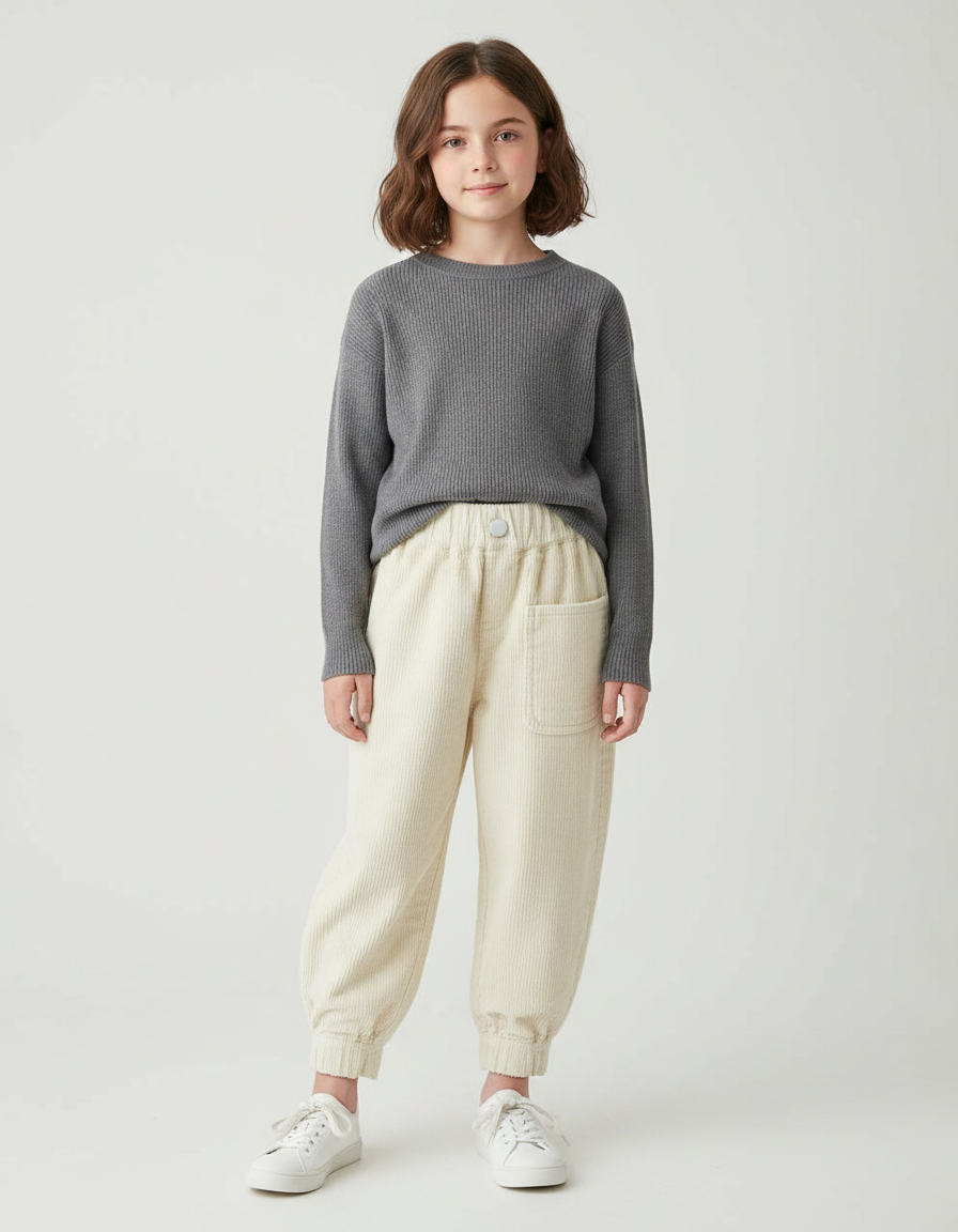Pantalon Japonais Velours Côtelé Beige Ample Confortable Enfant - Cordé