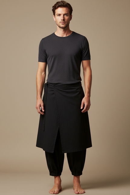 Pantalon Japonais Noir Ample Superposé Asymétrique Fluide - Coton