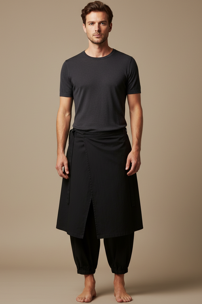 Pantalon Japonais Noir Ample Superposé Asymétrique Fluide - Coton