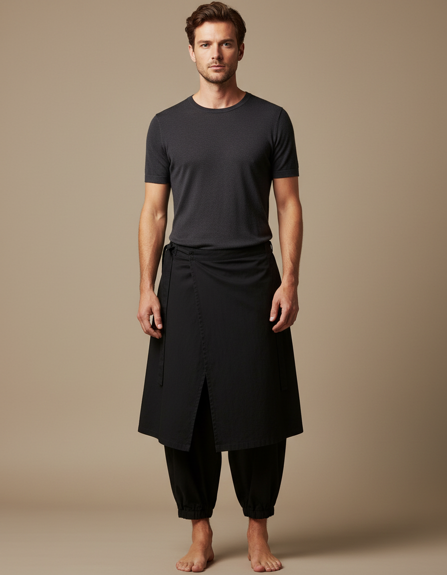 Pantalon Japonais Noir Ample Superposé Asymétrique Fluide - Coton