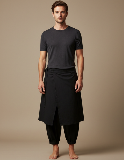 Pantalon Japonais Noir Ample Superposé Asymétrique Fluide - Coton