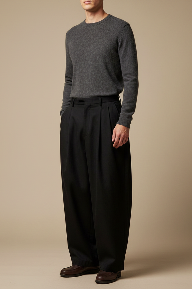 Pantalon Japonais Noir Ample Plissé Décontracté Homme - Gabardine