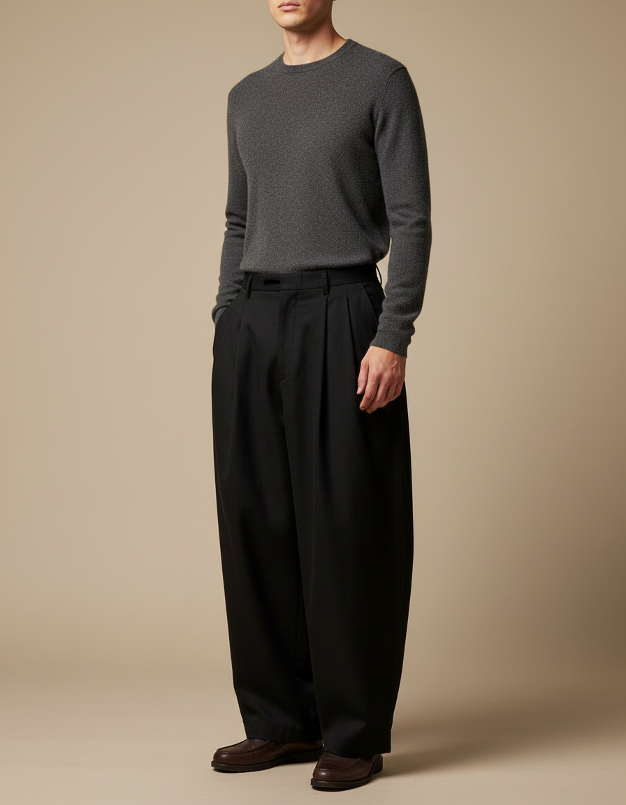 Pantalon Japonais Noir Ample Plissé Décontracté Homme - Gabardine