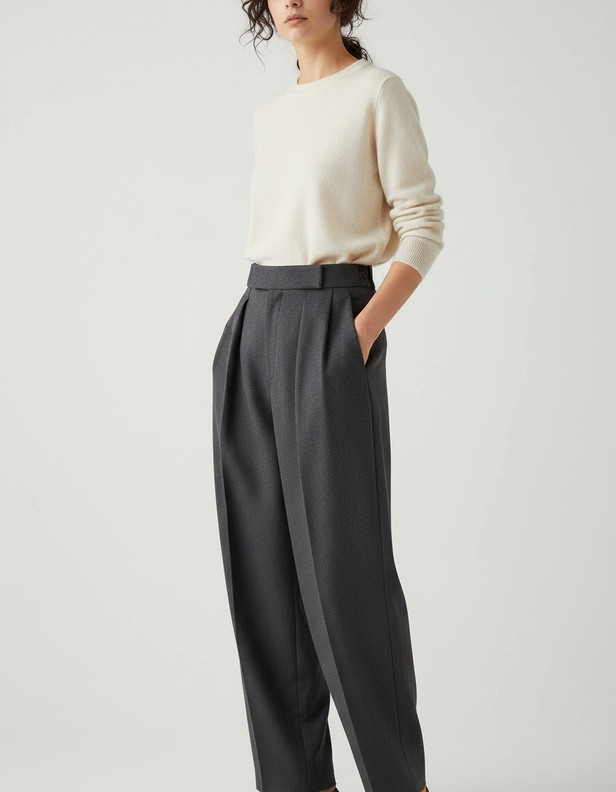 Pantalon Japonais Gris Plissé Ample Chic Femme - Gabardine