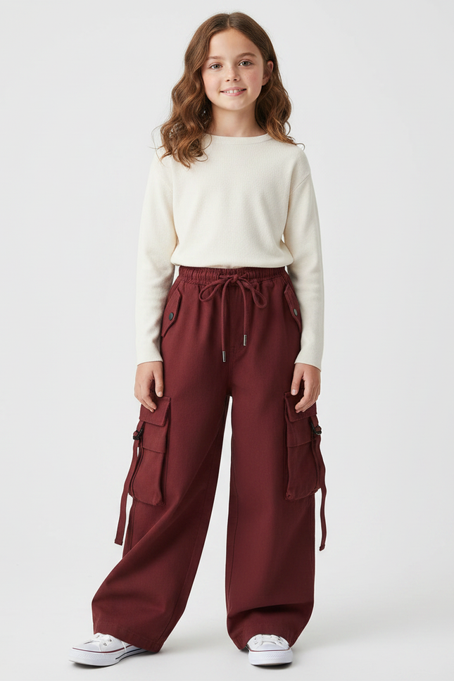 Pantalon Japonais Cargo Ample Rouge Fille - Bordeaux Toile