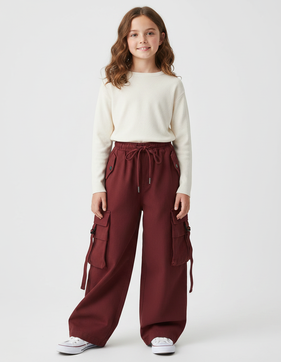 Pantalon Japonais Cargo Ample Rouge Fille - Bordeaux Toile