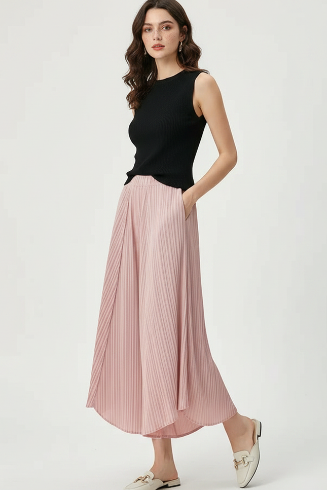 Pantalon Japonais Plissé Rose Fluide Élégant Femme - Polyester