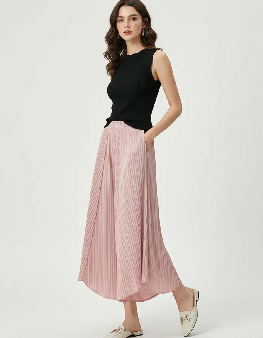 Pantalon Japonais Plissé Rose Fluide Élégant Femme - Polyester