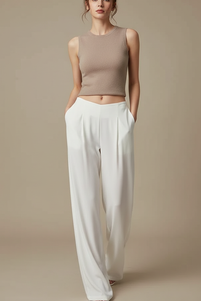 Pantalon Japonais Blanc Fluide Élégant Femme Droit - Viscose