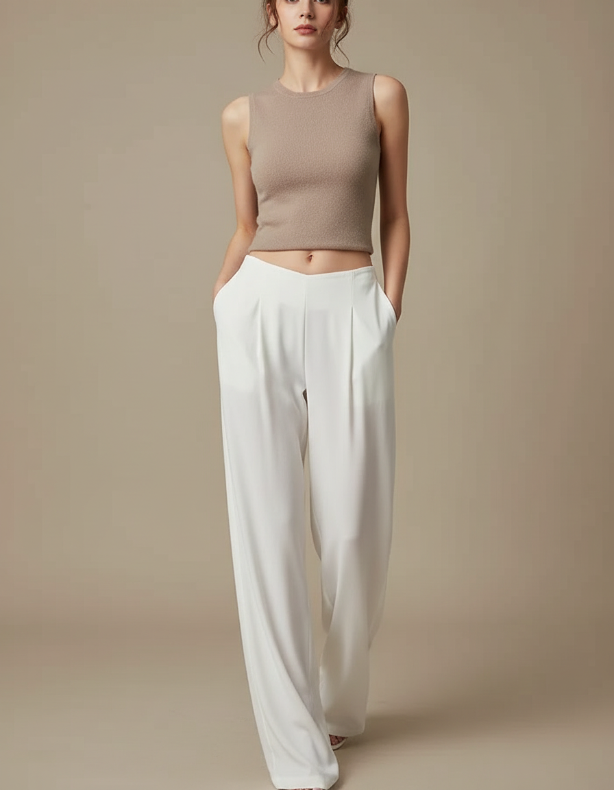 Pantalon Japonais Blanc Fluide Élégant Femme Droit - Viscose