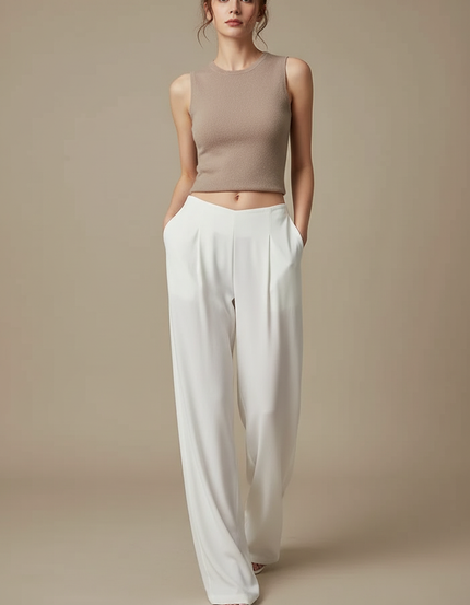 Pantalon Japonais Blanc Fluide Élégant Femme Droit - Viscose