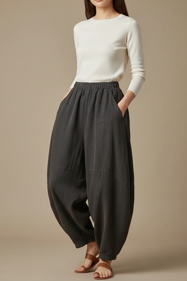 Pantalon Japonais Gris Anthracite Ample Coton Lin