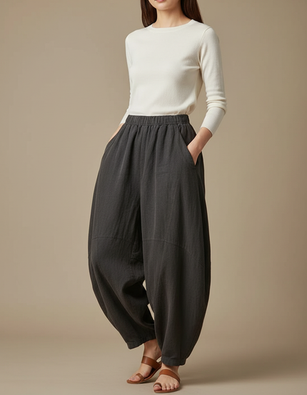 Pantalon Japonais Gris Anthracite Ample Coton Lin