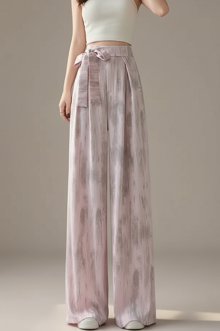 Pantalon Japonais Rose Satiné Ample Fluide Imprimé Élégant