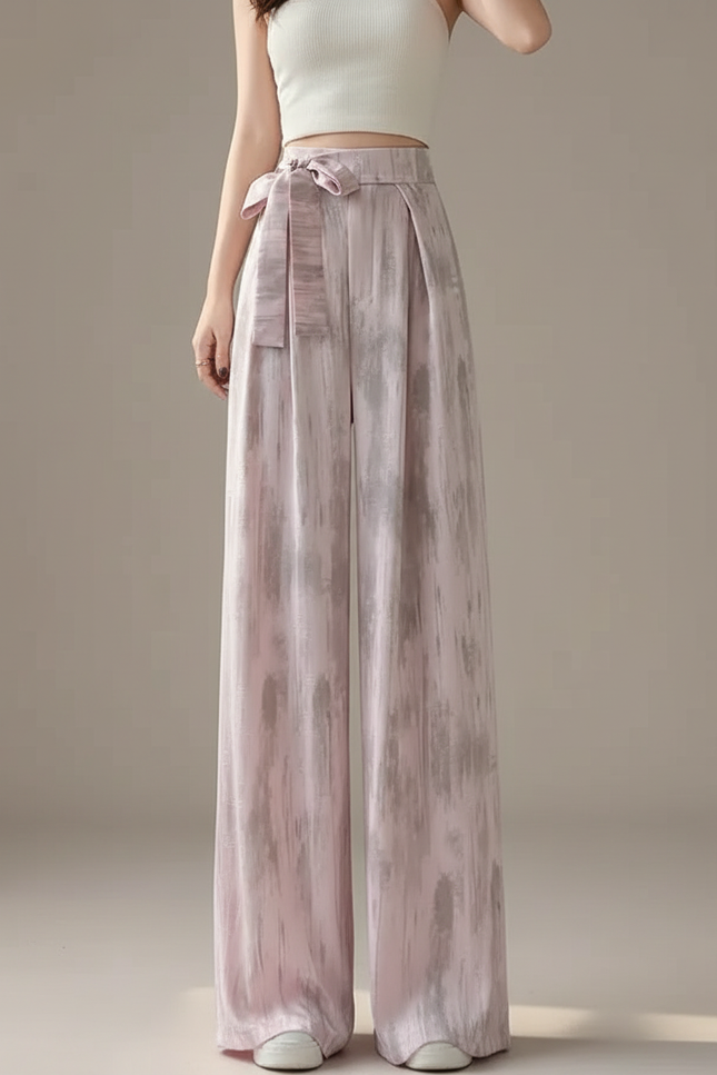 Pantalon Japonais Rose Satiné Ample Fluide Imprimé Élégant