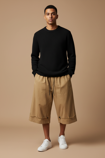 Pantalon Japonais Cargo Kaki Ample Coton Court