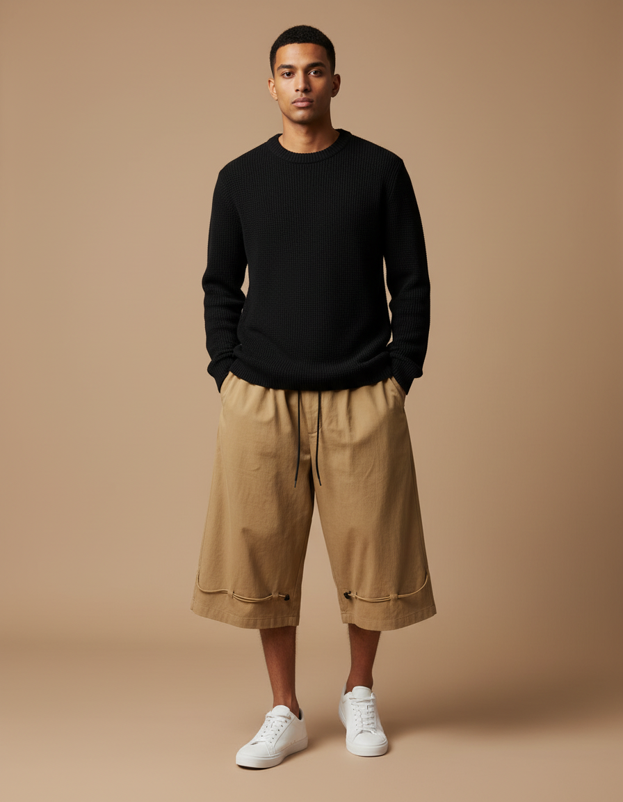 Pantalon Japonais Cargo Kaki Ample Coton Court