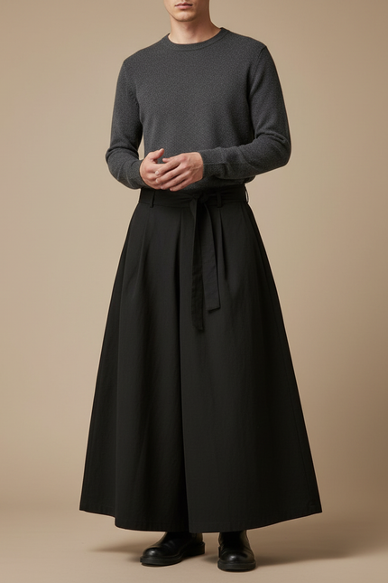 Pantalon Japonais Noir Ample Ceinturé Fluide Homme - Viscose