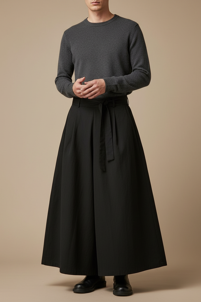 Pantalon Japonais Noir Ample Ceinturé Fluide Homme - Viscose