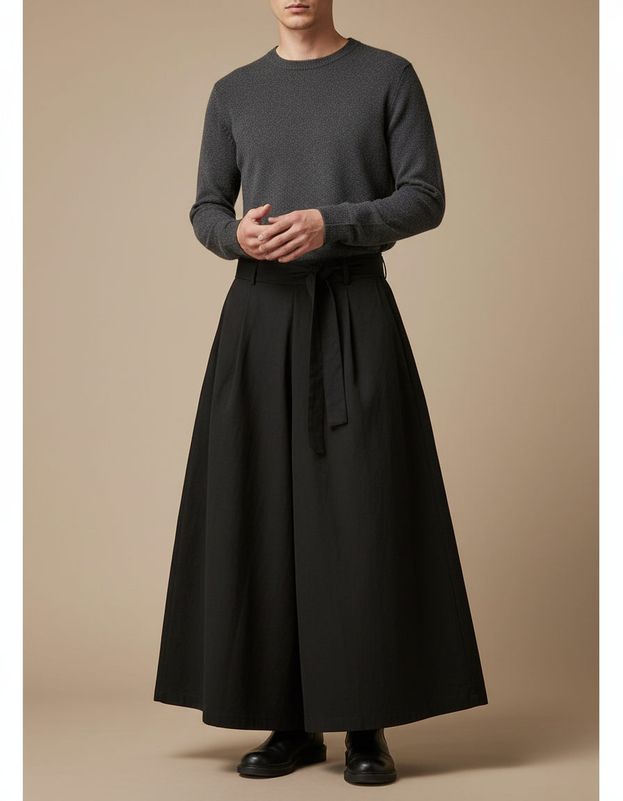 Pantalon Japonais Noir Ample Ceinturé Fluide Homme - Viscose