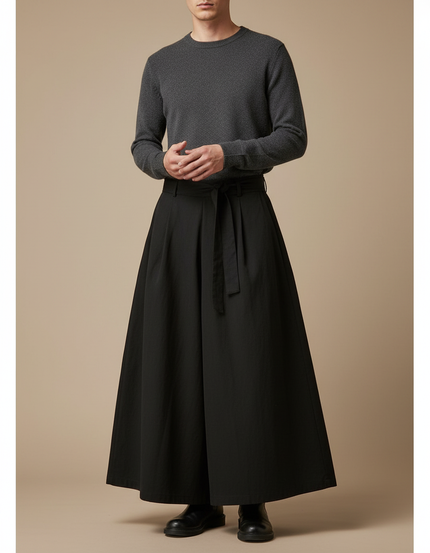 Pantalon Japonais Noir Ample Ceinturé Fluide Homme - Viscose