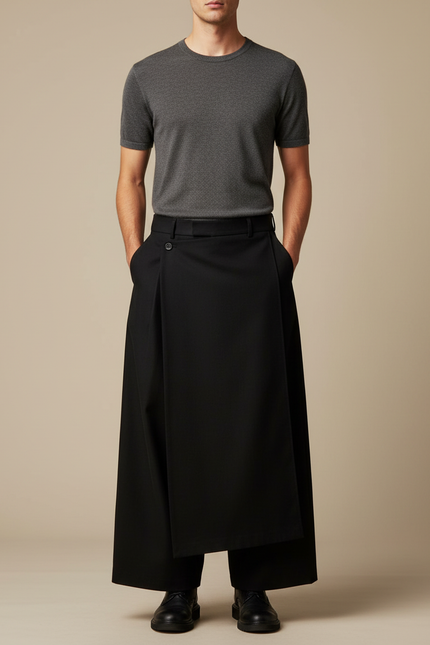 Pantalon Japonais Noir Superposé Asymétrique Ample Moderne - Polyester